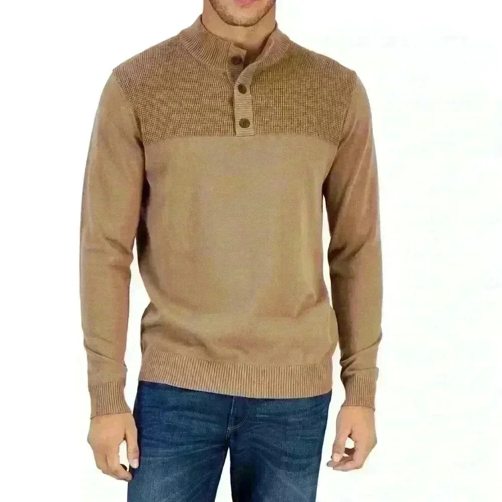 Club Room Mock Neck 3-Button 100% Cotton Pullover Mens Sweater Size L Walnut